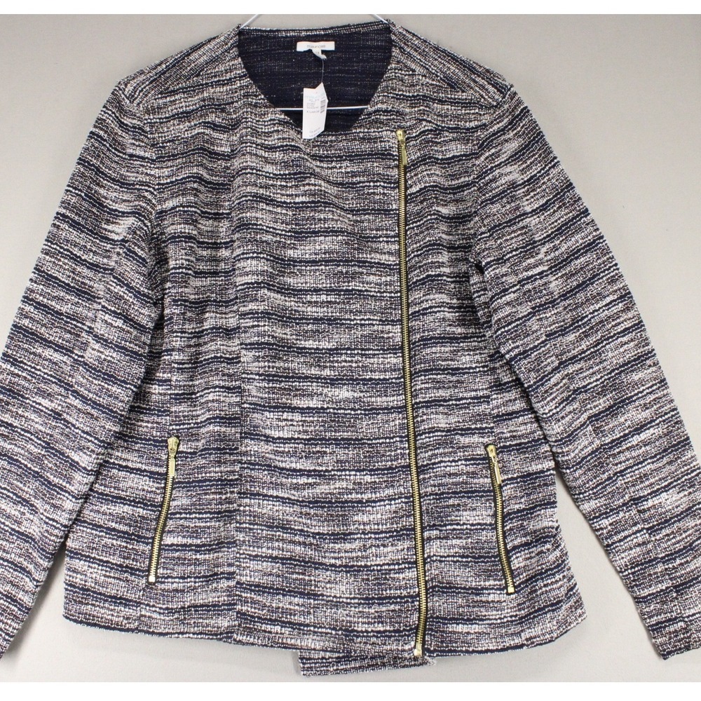 Maurices Women XL Navy Blue White Tweed Moto Jacket Asymmetrical Zip NWT